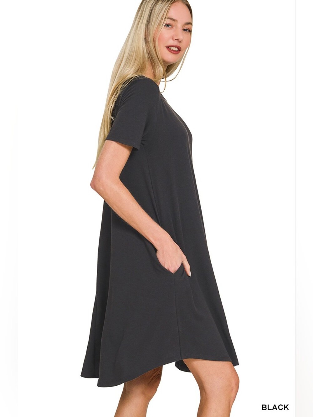 Zenana Short Sleeve Round Hem A-Line Dress with Side Pockets- Fast Shipping !! - Picture 3 of 5